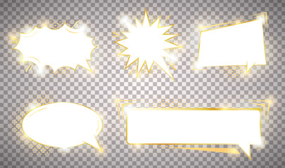 Pack of detailed empty gold shinig comic speech bubbles. Golden isolated on transparent background. Vintage art style graphic elements. Light effects. Vector illustration