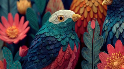 Obraz premium Vibrant stylized birds among floral elements in unique textured artwork