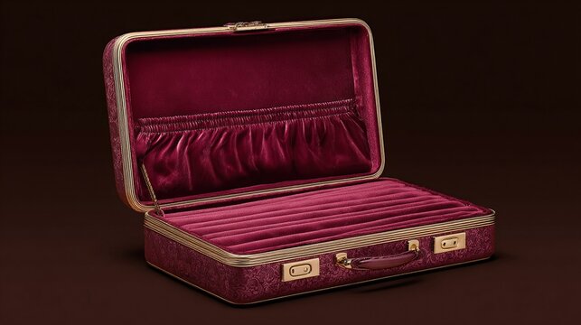 A maroon vintage suitcase, slightly ajar, reveals a plush burgundy velvet interior with segmented 