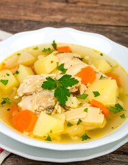 Creamy chicken noodle soup in white bowl, with potatoes and carrots