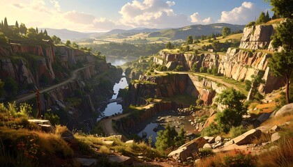 Scenic canyon landscape with roads winding through rocky cliffsides, river