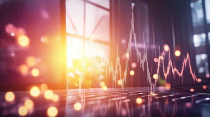 Abstract financial data visualization with glowing charts and dynamic light effects in modern office interior