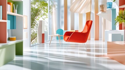 Bright and Modern Interior Design with Colorful Furniture and Large Windows in Contemporary Living Space