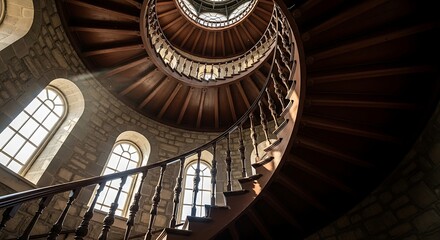 Obraz premium Historic Spiral Staircase Ascending Towards Natural Light Through Arched Windows.