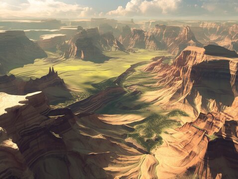 Aerial view of Uul Dab desert with red sandstone formations, green plains and vast valley stretching to horizon in post-apocalyptic landscape