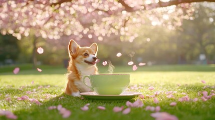 Playful Corgi Dog with Green Cup Surrounded by Cherry Blossom Petals in a Sunny Park Setting
