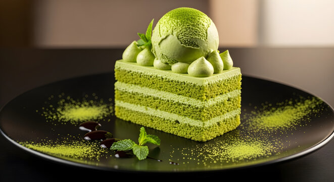 Decadent matcha green tea layered cake crowned with rich ice cream, a gourmet dessert offering delightful indulgence