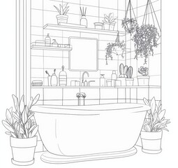 Elegant bathtub line drawing with shelves and plants in bathroom setting, minimalist white background for coloring customization