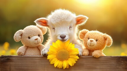 Cute lamb resting with plush teddy bears and sunflower in warm sunlight, perfect for cheerful nature themes