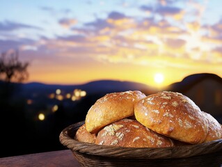 Freshly Baked Round Bread Rolls on a Basket with Sunset Background Overlooking Hilly Landscape