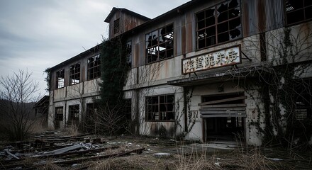 Abandoned Industrial Building with Broken Windows and Overgrown Vegetation.