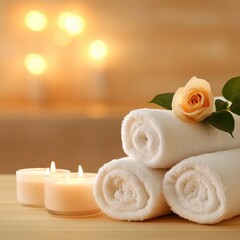 Relaxing spa setting with rolled towels, candles, and a rose for a tranquil wellness experience