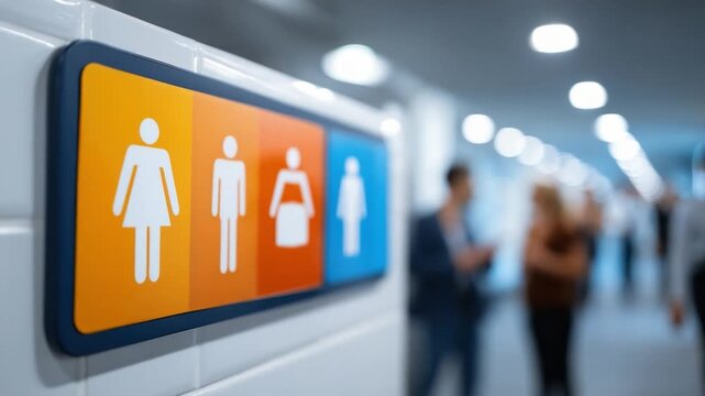 Public Restroom Signage in focus: This image showcases a well-lit restroom sign, with iconic gender symbols in a modern commercial setting with blurred silhouettes of people in the background.