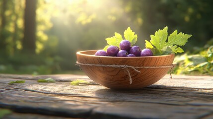 Fresh Purple Grapes in Wooden Bowl on Table Surrounded by Sunlight and Green Leaves in Nature Setting