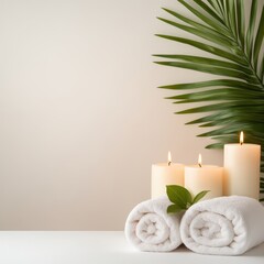 Soft Spa Towels with Green Leaf and Relaxing Atmosphere on Minimalist Table for Wellness and Self-Care