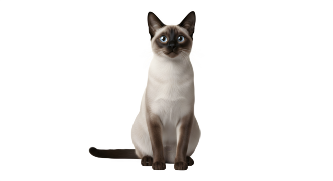 Elegant purebred Siamese cat sitting gracefully on a white background.