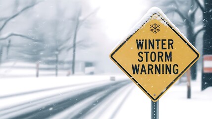 Winter storm warning sign with snow covered road creates a sense of danger and caution
