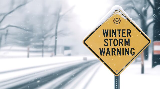 Winter storm warning sign with snow covered road creates a sense of danger and caution