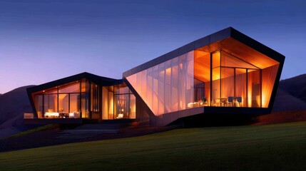 Modern architectural design showcasing two illuminated houses at dusk with a serene landscape backdrop