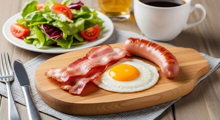 Hearty Breakfast with Egg, Bacon, Sausage, and Salad.