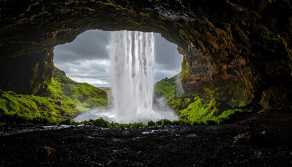 Fototapeta premium Waterfall cascading into a cave, lush green landscape