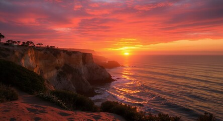 Obraz premium Dramatic Coastal Sunset Over Ocean Cliffs