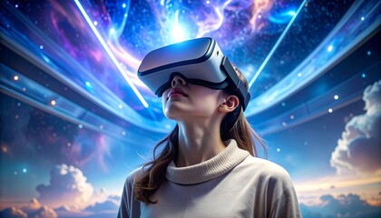 A woman wearing a VR headset experiences a vibrant, cosmic virtual reality environment.