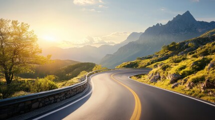Curvy Mountain Road with Beautiful Landscape at Sunset under Clear Sky and Majestic Mountain Peaks