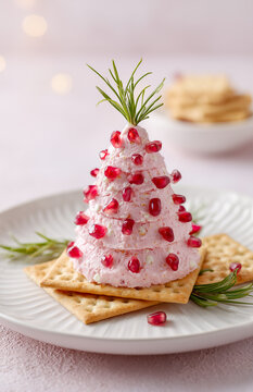 Christmas tree cream cheese appetizer with pomegranate and rosemary