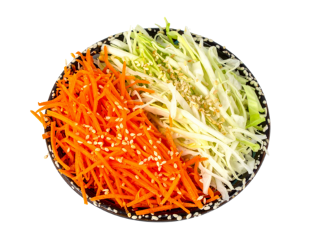 Top-Down View of Asian Salad with Carrot, Cabbage, and Sesame, isolated on transparent background.