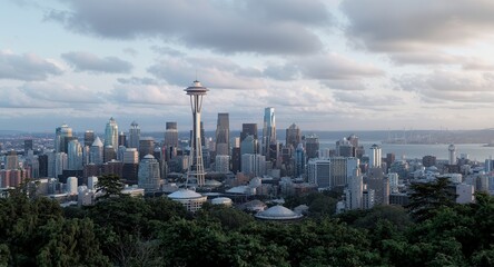 Fototapeta premium Elevated cityscape view at sunset, featuring skyscrapers and a tall tower, overlooking lush green vegetation.