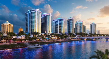 Fototapeta premium Evening cityscape, waterfront, modern architecture, luxury buildings, illuminated skyscrapers, boats, bridge, urban scene, night view, city lights, palm trees, tropical city, water reflection, du