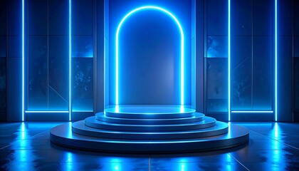 Modern neon-lit stage with archway, ideal for product presentation and display