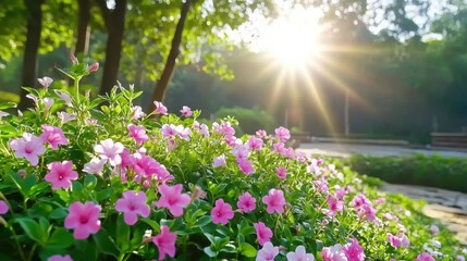 Naklejka premium Beautiful pink flowers blooming in a lush garden with sunlight shining through trees during a serene morning