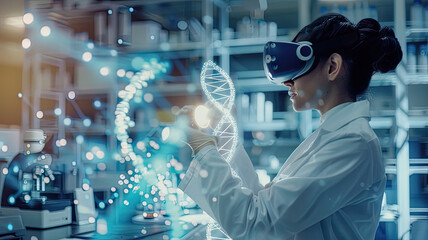 Concept of future medicine: a researcher in VR gear studies a luminous double helix model with advanced medical equipment visible in the background of the scene.