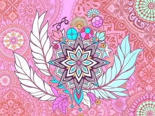 Abstract pastel neon holographic illustration featuring a of stylized pixelated elements in a vintage beige doodle ornament style, against a vibrant Indian inspired background