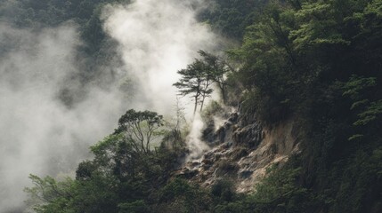 Misty mountainside with steam vents. Lush foliage clings to a steep slope, with plumes of steam rising from volcanic vents