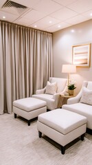 Modern, serene waiting area featuring comfortable chairs, soft lighting, and elegant decor for relaxation
