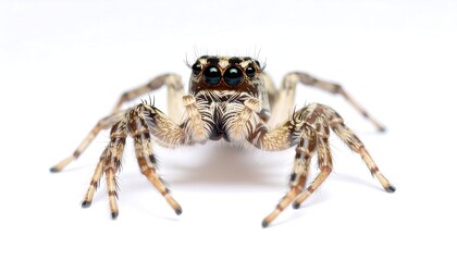 Macro shot of a small spider against a clean white background, showcasing intricate details of its eyes, legs, and body