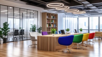 Modern and Bright Office Space Featuring Colorful Chairs and Glass Conference Rooms in Urban Setting
