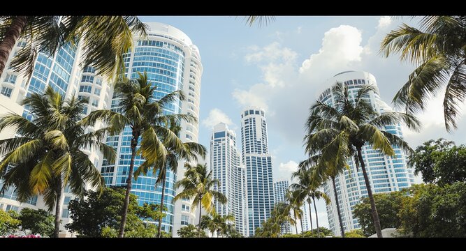 High-rise buildings, tropical landscape, palm trees, sunny day, architecture, city skyline, summer vacation, travel destination, urban scene, modern architecture, real estate, blue sky, white bui