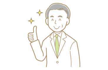 サムズアップをするグレイヘアで白衣の男性のイラスト