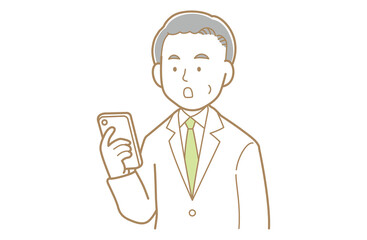 スマートフォンを見るグレイヘアで白衣の男性のイラスト