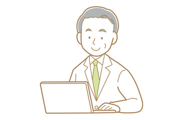 パソコンを使うグレイヘアで白衣の男性のイラスト