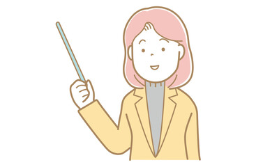 棒を使って指示をするピンク髪でスーツの女性のイラスト