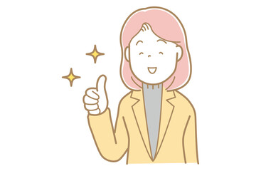 サムズアップをするピンク髪でスーツの女性のイラスト