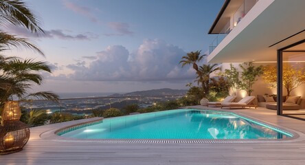 Fototapeta premium Luxury Villa Pool, Sunset View, Tropical Paradise, Modern Architecture, Nighttime Scene