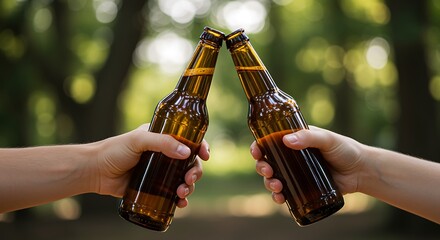 Two hands holding brown glass beer bottles clinking together outdoors toasting