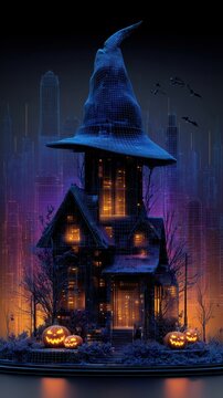 A whimsical, digitally designed witch's house adorned with pumpkins, set against a colorful cityscape backdrop, perfect for Halloween.