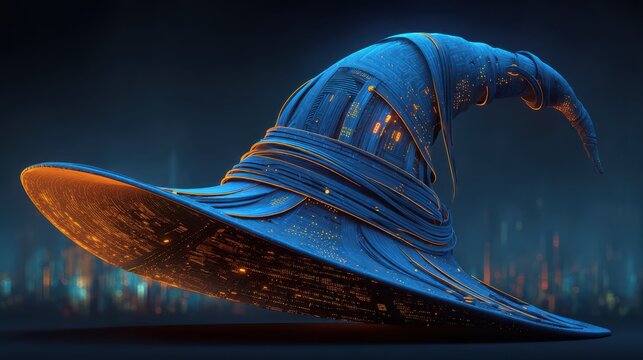 A futuristic, glowing wizard hat, intricately designed with vibrant colors and a magical aura, set against a dark, mysterious background.